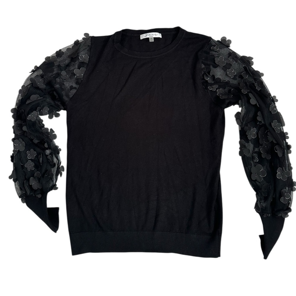 Gianni Milano Black knit sweater Sheer flower Balloon sleeve Sz Small Navy